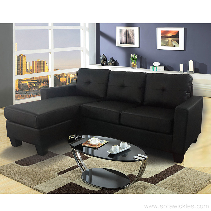 Living Room Black Leather L Shaped Sofa