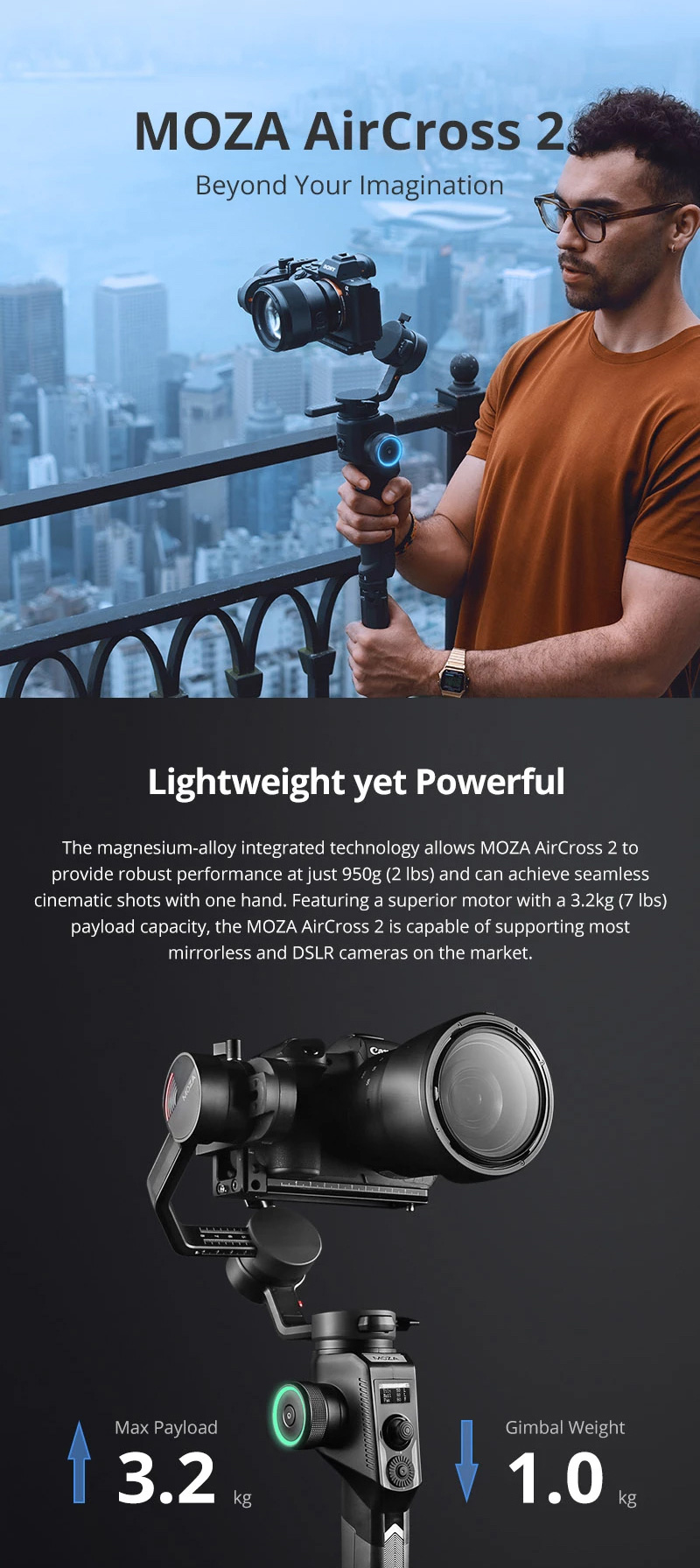 3.2kg Payload Moza Aircross 2 camera  Gimbal Stabilizer Steadycam with Arca plate and phone holder