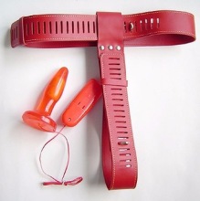 Hot Bondage Boutique Deluxe Leather Female Chastity Belt with electric Butt Plug For Women or Gay