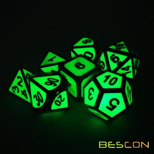 Bescon Super Glow in the Dark Metal Polyhedral D&D Dice Set of 7 Luminous Metallic RPG Role Playing Game Dice 7pcs Set D4-D20