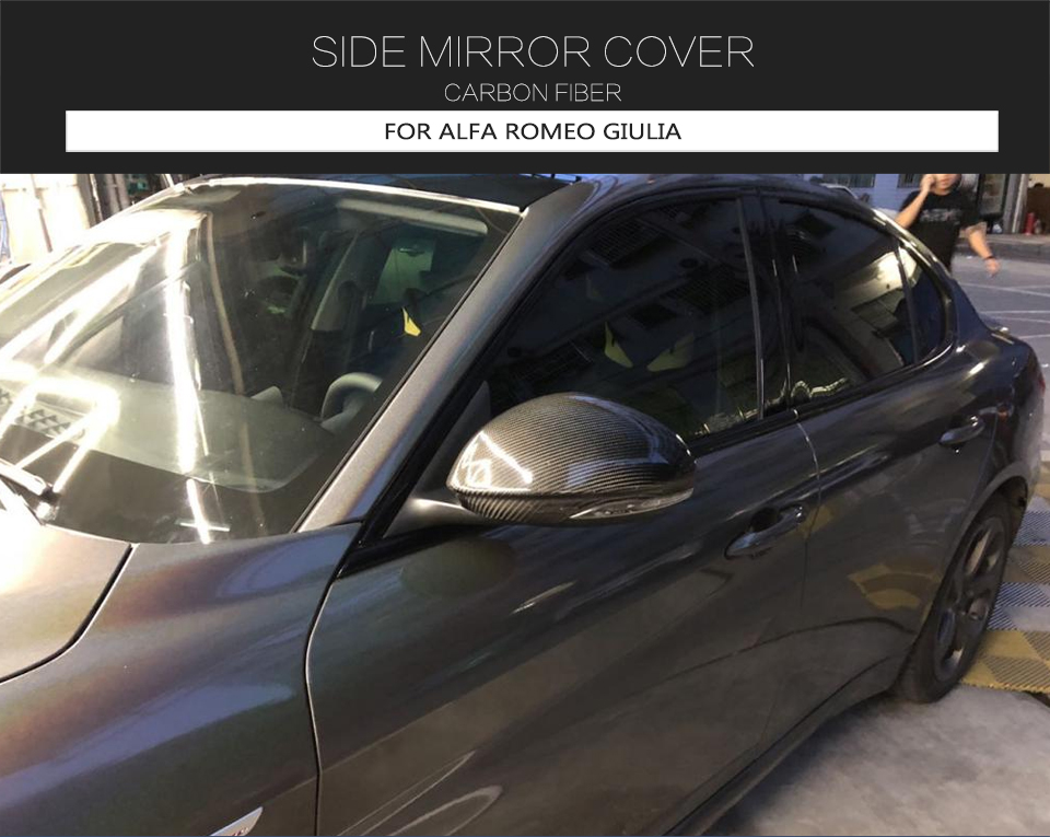 Stick-on Dry Carbon Fiber Car Side Mirror Covers for Alfa Romeo Giulia Quadrifoglio Sedan 4-Door 2015-2018