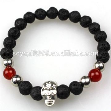 Silver Skull Charm Bracelet Red Agate Lava Stone Bracelet
