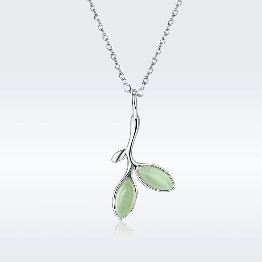 Plated Platinum Jewelry Green Leaves Synthetic Opal Sterling Silver Pendant Necklace