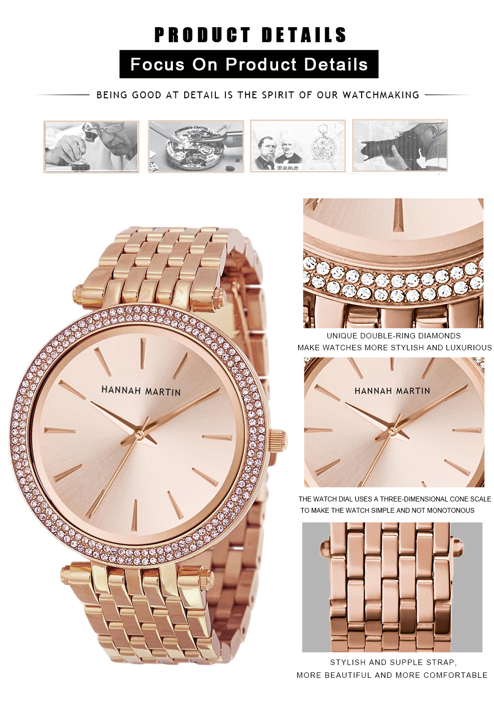 Hannah Martin 1185 Quartz Watch Women Wristwatches Rhinestone Luxury Gold Fashion Watches Stainless Steel Reloj de mujer