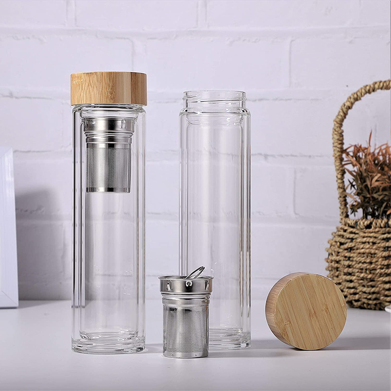 Double Wall Eco-Friendly Sport Glass Fruit Infuser Water Bottle with Bamboo Lid