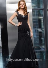 elegant black bead satin deep V collar ball gown dress