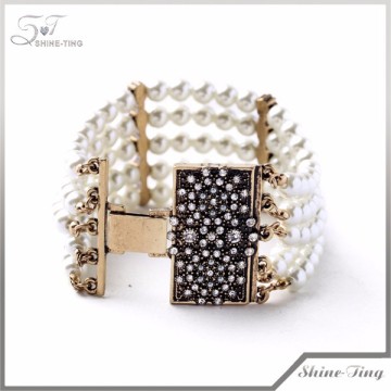 pave diamond gold charm multilayer fake pearl bracelet wholesale