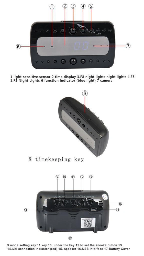 T10 1080P Full HD Night Vision Black Hidden WiFi IP Wall Desk Clock Camera