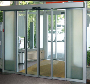 Automatic telescopic sliding door mechanism with glass