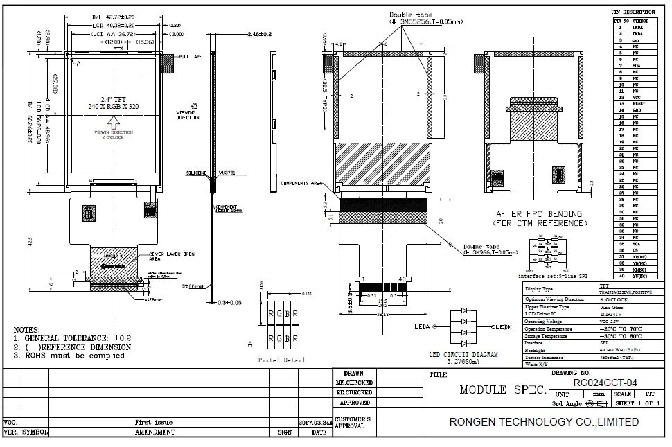 Ronen Rg024gct-04 240*320 Display with Spi 40 Pin Interface 2.4inch TFT LCD