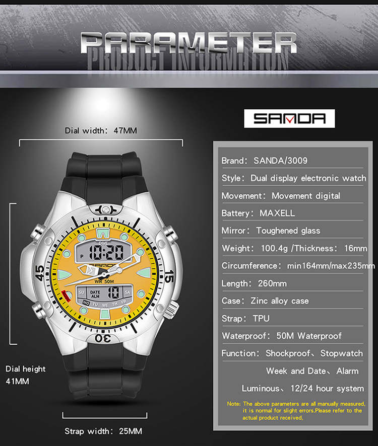 Sanda 3009 Military Relogio LED Watch Clock Alarm Water Proof 2021 Digital Analog Watches Men