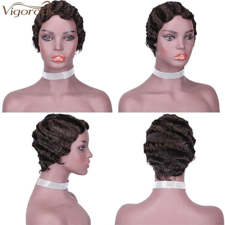 Vigorous 100% Raw Real Human Hair Finger Wave Wig Pixie Cut Black Short Curly Wigs for African American Women