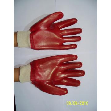 Red PVC single dipped gloves with knit wrist