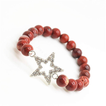 Red Jasper 8MM Round Beads Stretch Gemstone Bracelet with Diamante alloy star Piece