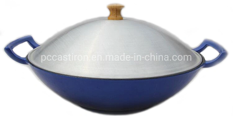 Vegetable Oil Nonstick Healthy Cast Iron Wok, BSCI LFGB FDA Approved, with Wooden Lip