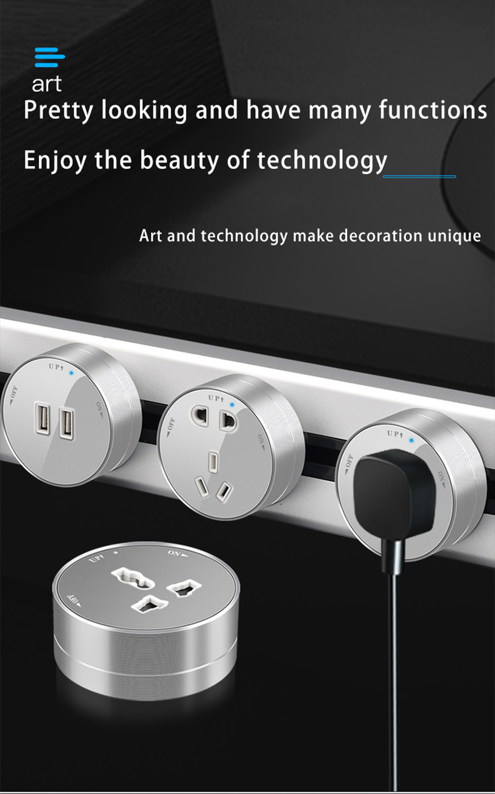 movable kitchen electrical black LED  recessed and surface track Socket with 3 gang power socket /60CM power track socket