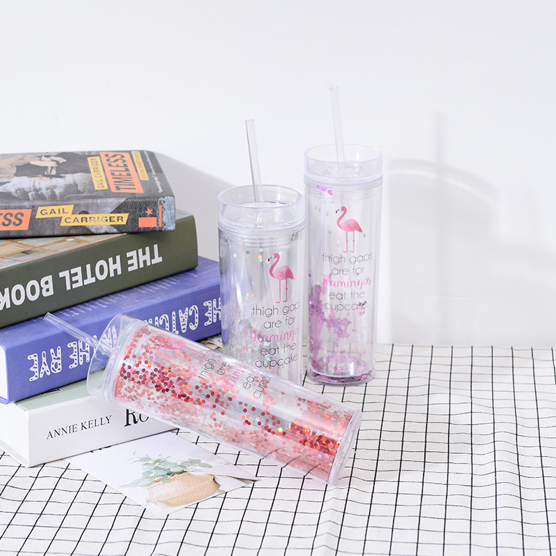 16oz Acrylic Tumblers Flamingo glitter double wall plastic tumbler clear tumbler with straw