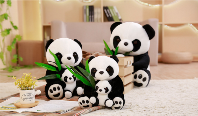 Mother and baby panda doll with Bamboo Leaves Plush Toys Soft Cartoon Animal Black and White Panda