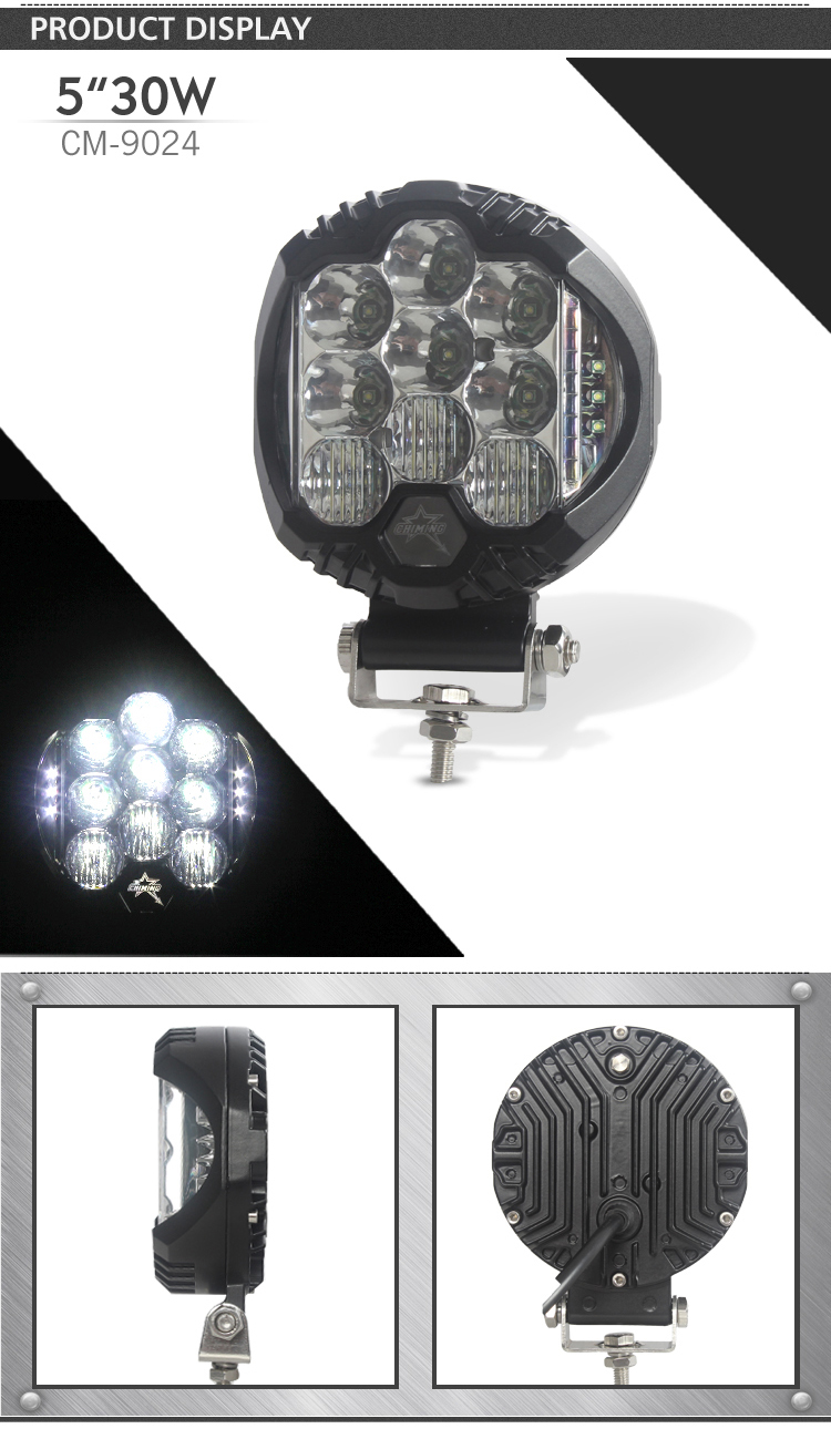 Rund 5" 10-30V 30w högpresterande led körljus, offroad lastbil ATV UTV motorcykel led arbetsljus