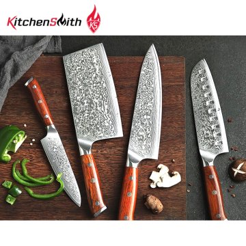 4pcs damascus kitchen knife set with wood handle