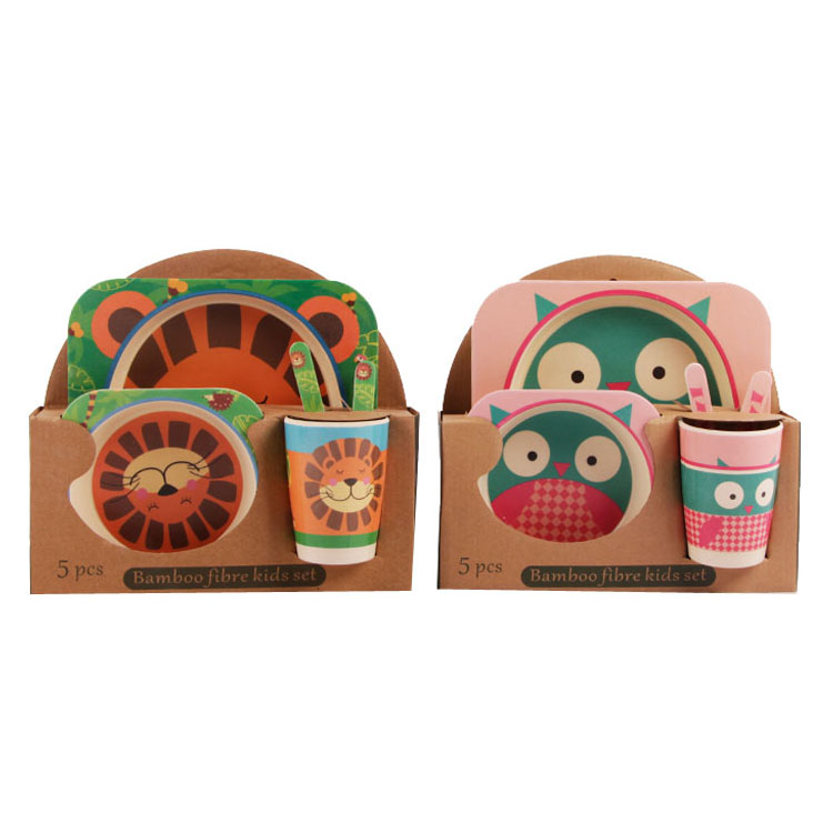 5 Pcs Set Eco-friendly Bamboo Fiber Kids Tableware With Different Animal Shape