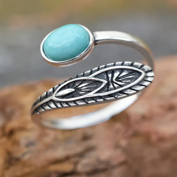 S925 Sterling Silver Turquoise Feather Open Rings