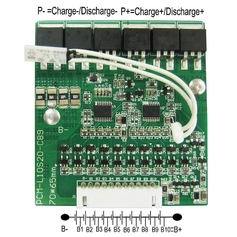 5s~10s 20A PCM BMS for 36V 37V Li-ion/Lithium/ Li-Polymer 30V 32V LiFePO4 Battery Pack Size L70*W65mm*T9mm (PCM-L10S20-C89)