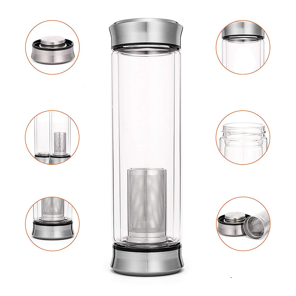 Glass water bottle bpa free double stainless lid tea double wall infuser glass drinking water bottle