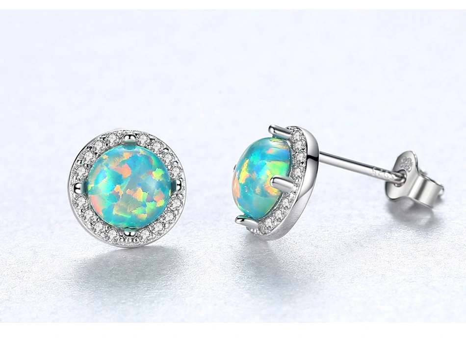 Round Treasure Blue Opal Gemstone CZ S925 Silver Stud Earrings