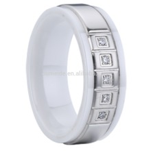 white ceramic rings stainless steel inlay with cz stones