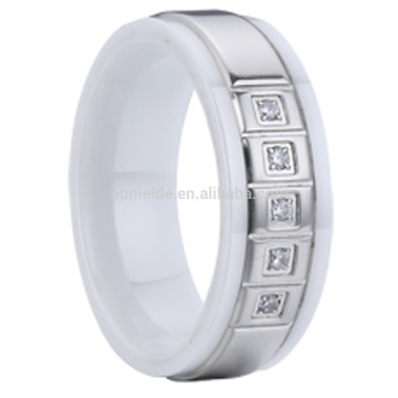 white ceramic rings stainless steel inlay with cz stones