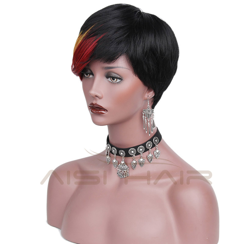 Aisi Hair Heat Resistant Pixie Cut Wigs Synthetic Short Straight Hair With Ombre Red Bangs Wigs For Women