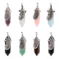 Natural Stone Hexagonal Prism Silver Feather Alloy Pendant Gemstone Hexagon Healing Point Chakra Pendant Crystal Charm Pendant