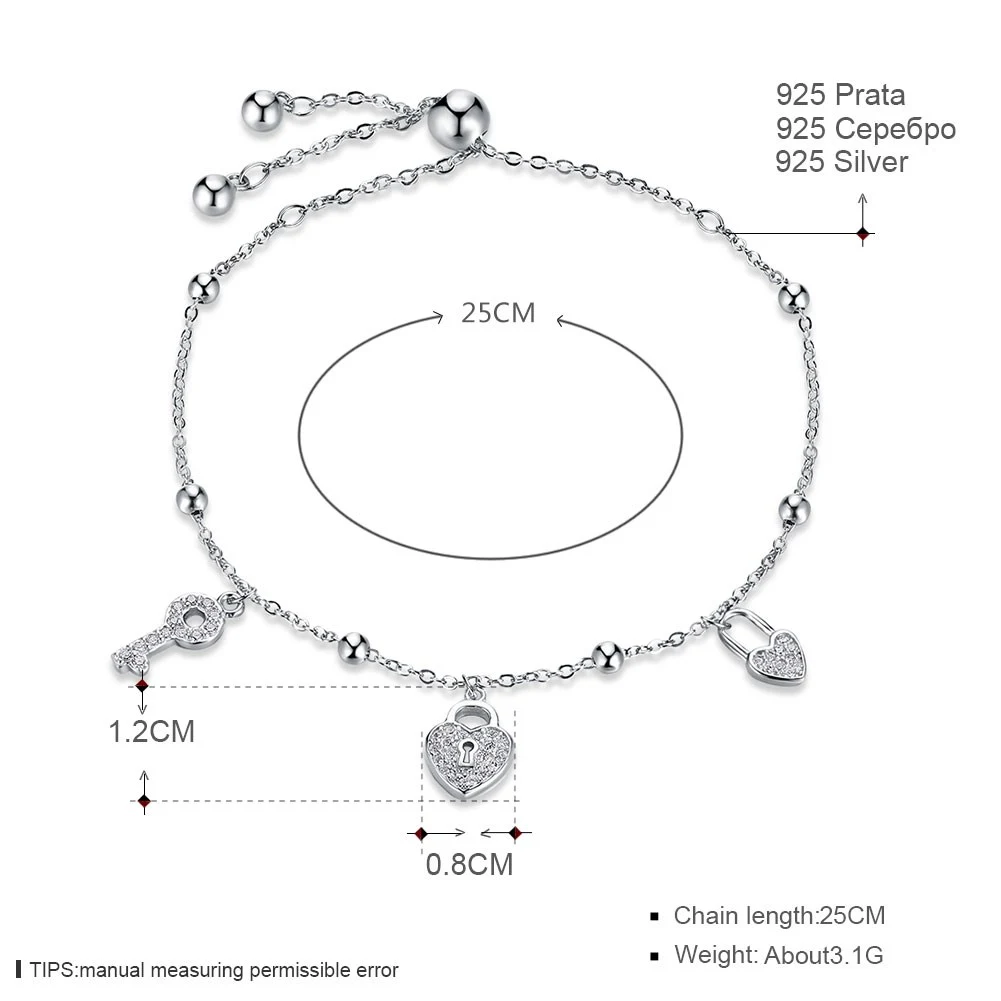 Good Quality 925 Sterling Silver Zircon Heart Key Charm Bracelet