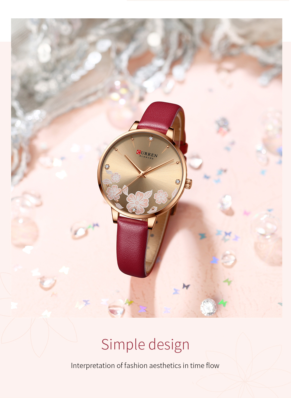 Curren 9068 Fashion Leather Womens Quartz Watches Flower Waterproof Watch Curren Women