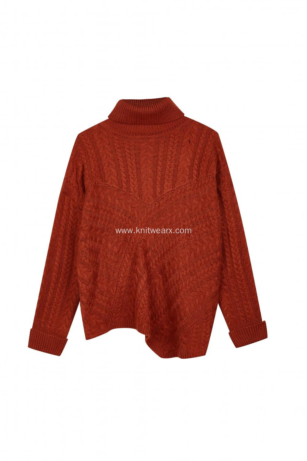 Women's Knitted Turtleneck Cable Asymmetric Hem Pullover