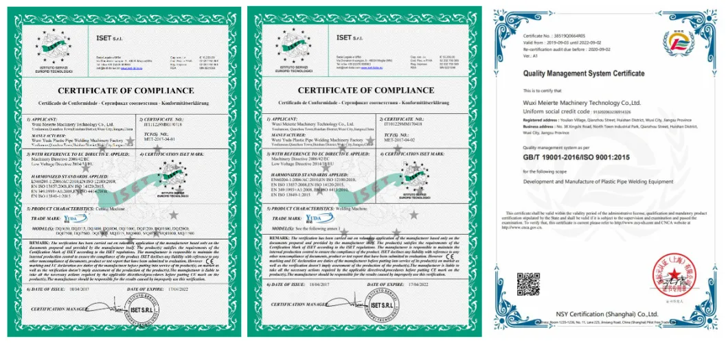Poly Plastic Pipe Welding Machine Certificates