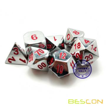 Bescon Heavy Duty Shiny Chrome Metal Dice Set of 7, Solid Metallic Chrome Polyhedral Role Playing Game Dice Set w/ Red Numbers