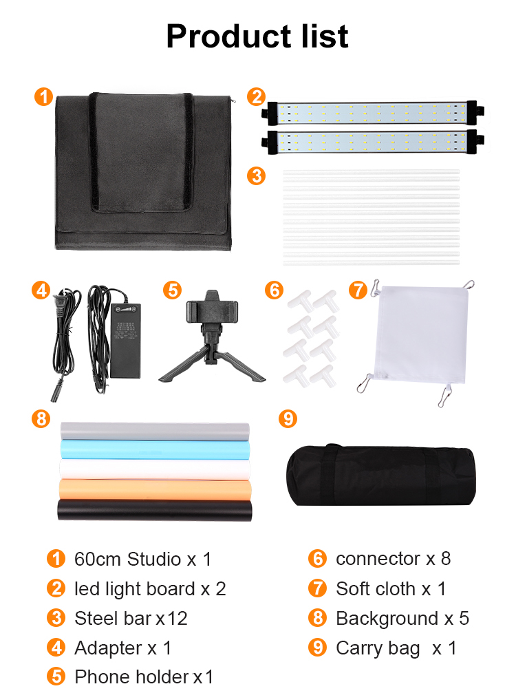 Photo Studio Light Box 24 "/60 Cm Adjustable Brightness Table Top Fotografi Pencahayaan Tenda Kit dengan 5 Warna Latar Belakang & Membawa Tas