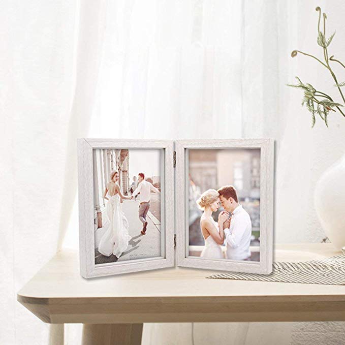 Double Picture Frame 5x7 White Wooden Hinged Photo Frames Collage Shadow Box 2 Openings Elegant Wedding Gifts