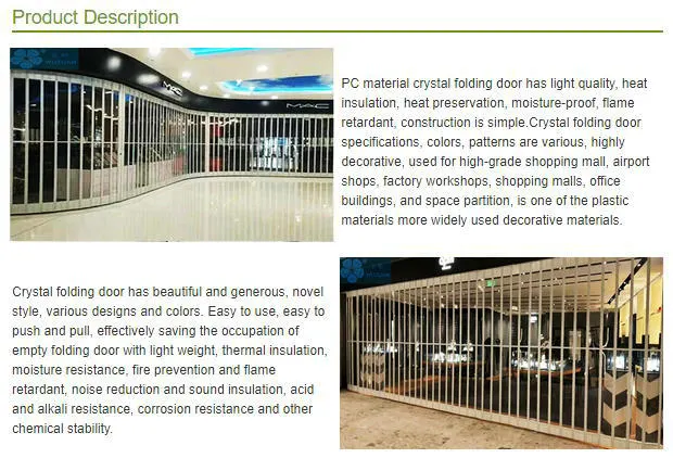 Commercial PC Slat Accordion Door Aluminum Folding Doors Shopfrontp Plycarbonate Sheet Sliding Door