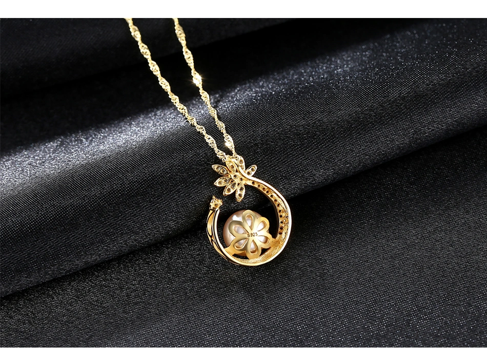 S925 Silver Fancy Semicircle Flower Freshwater Pearl Pendant Necklaces