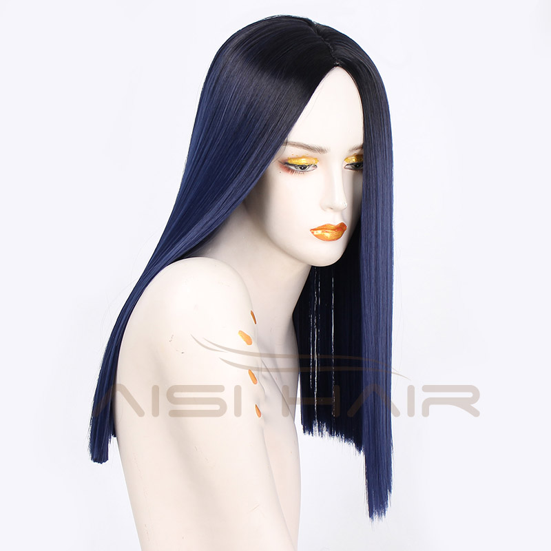 Aisi Hair Wholesale Middle Length Silky Straight Ombre Dark Blue Color Wig Afro Synthetic Cosplay Wigs For Black Women