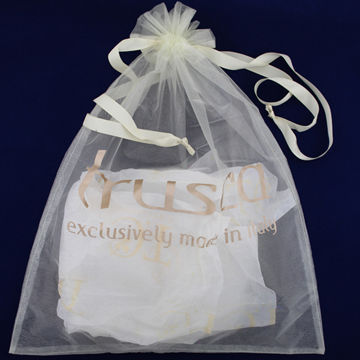 Christmas fabric gift bags, made of organza, with silk string for tightening opening