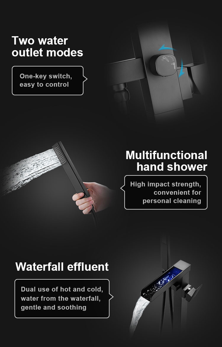 Mixer Taps Portable Stainless Steel Black Floor Mounted Waterfall Shower Freestanding Bathtub Faucet