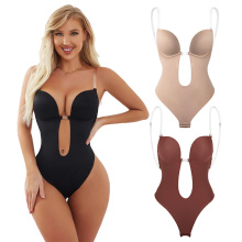 Sexy Seamless U Plunge Bra Bodysuit with Sheer Straps Push Up Corset for Women
