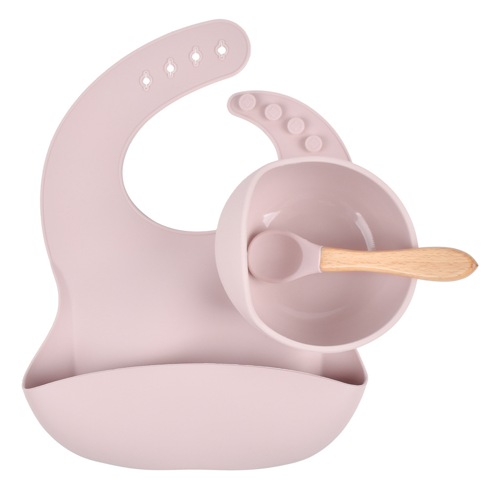 New Products Silicone Spoon with Wooden Handle Hot Sale Silicone Baby Suction Bowl Food Grade Silicone Bibs