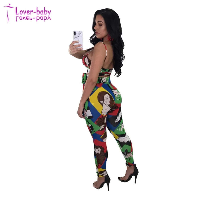 Graphic Colorful Print Straps Crop Top and Pants