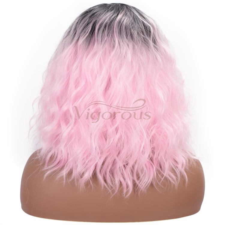 Vigorous 14 Inch Curly Wave Short Bob Wigs Ombre Light Pink Synthetic Cosplay Pastel Wig for Girl Costume Christmas Party
