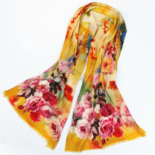 Striking Color Flower Digital Printed Yellow Lana Wraps Scarfs